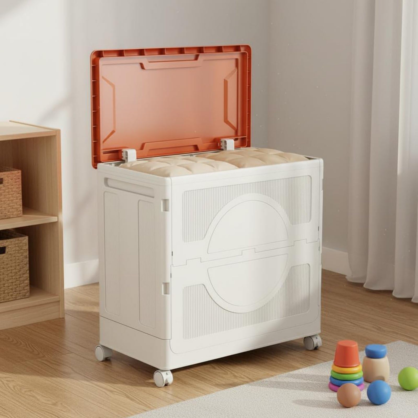 Contenedor de Almacenamiento Infantil Baúl Organizador Caja de Juguetes Plegable con Tapa Abatible Acceso Rápido Ruedas Incorporadas Polipropileno, Naranja Sólido