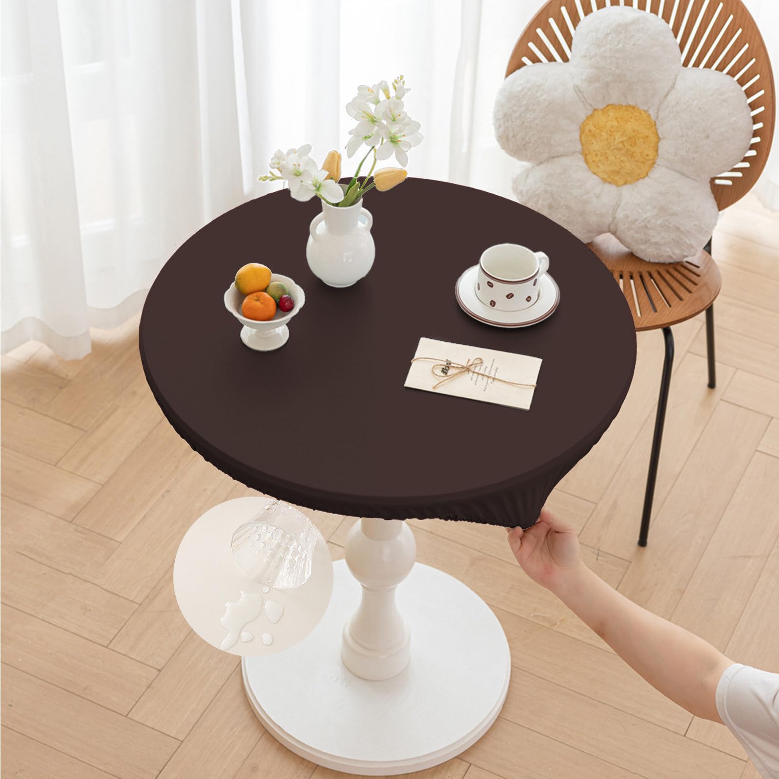 Morbuy Round Tablecloth Outdoor Wipe Clean Waterproof PU Leather Table Cloths Stain Resistant Wipeable Kitchen Table Cover with Elastic Edges for Home Party (Coffee,Table Diameter 150cm)