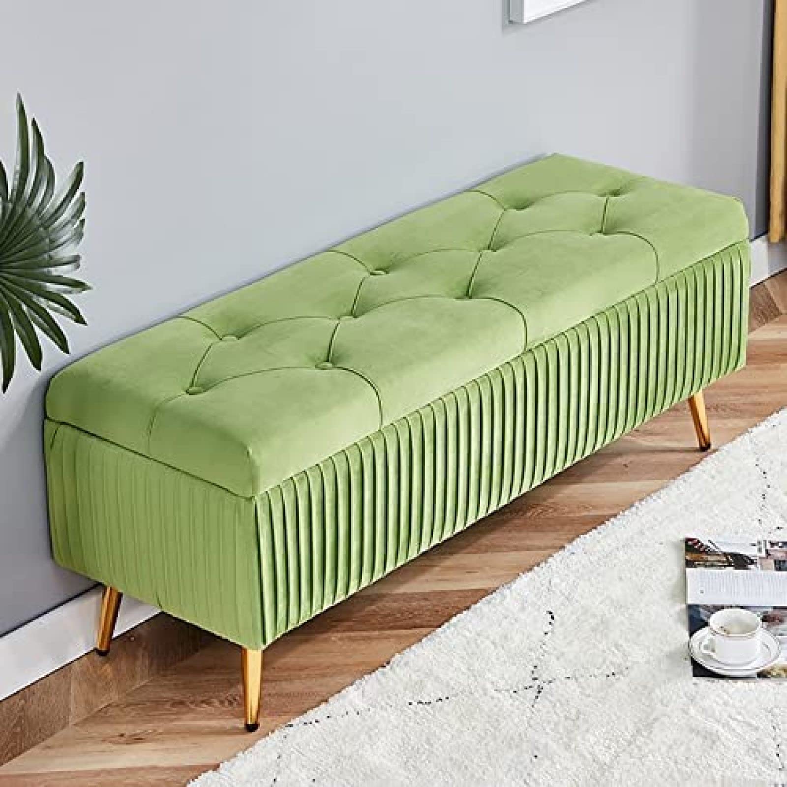 Fußhocker, Moderne Ottomane mit Stauraum und Klappbank aus Samt, Fußstützenhocker für Wohnzimmer und Eingangsbereich, rechteckiger Knopf, grün, (Rosa-60x40x45cm(24x16x18inch)