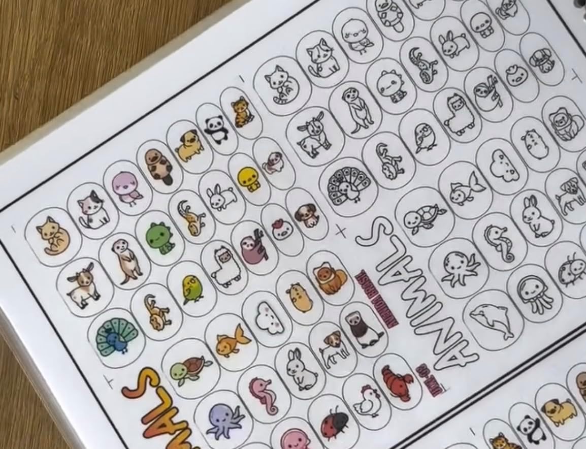 Nail Art Workbook Make Your own Decal Stickers Reusable Gel Nail Design Practice Book for Gel Polish Acrylic Nail foils Crystals Rhinestones Glitter Cartoon Nail Design Guide (2)