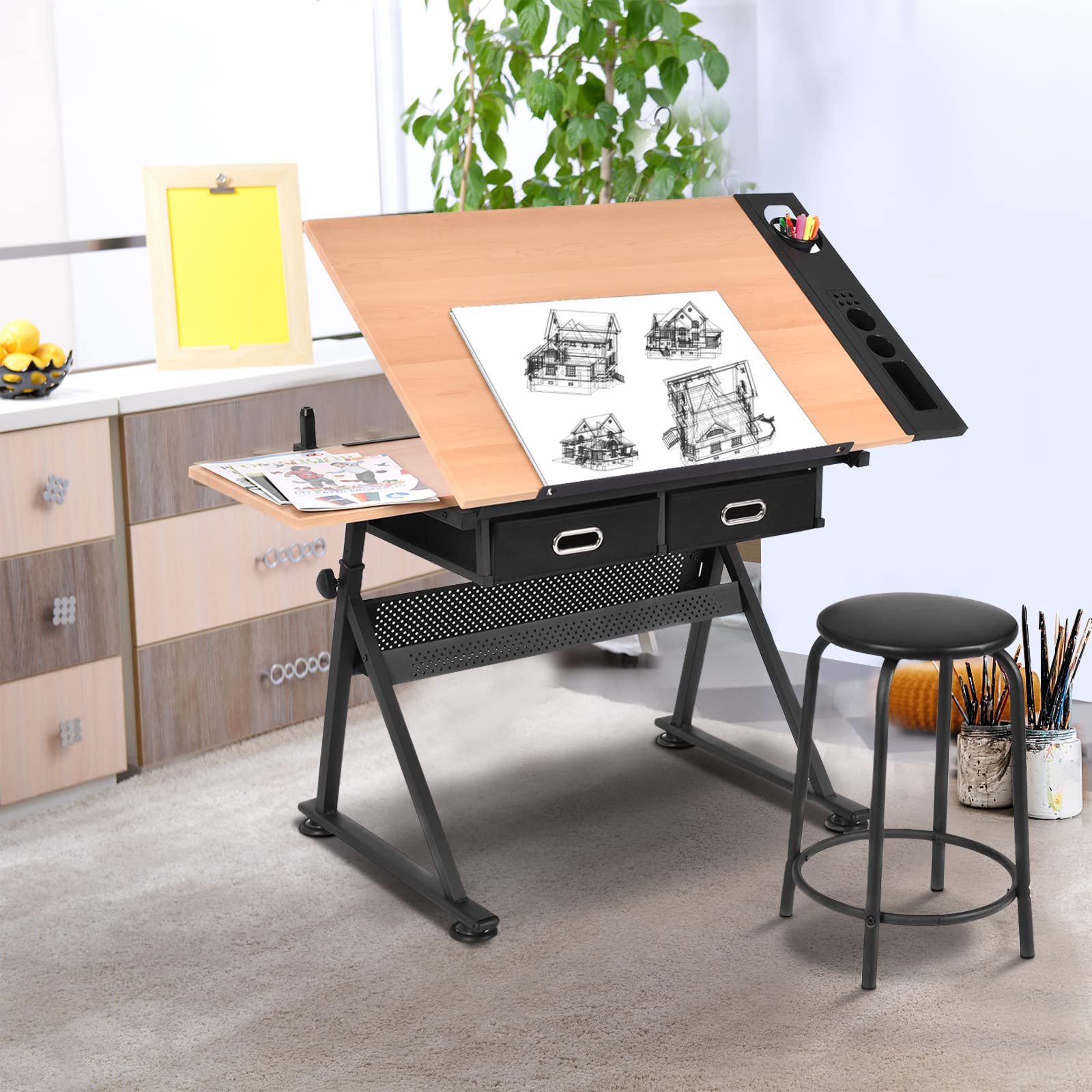 GIANTEX Tavolo da Disegno con Sgabello, Tavolo Architettonico Regolabile in Altezza e Inclinabile, Scrivania Tavolo da Lavoro con Cassetti e Doppie Superfici di Lavoro per Caratteri (Naturale)