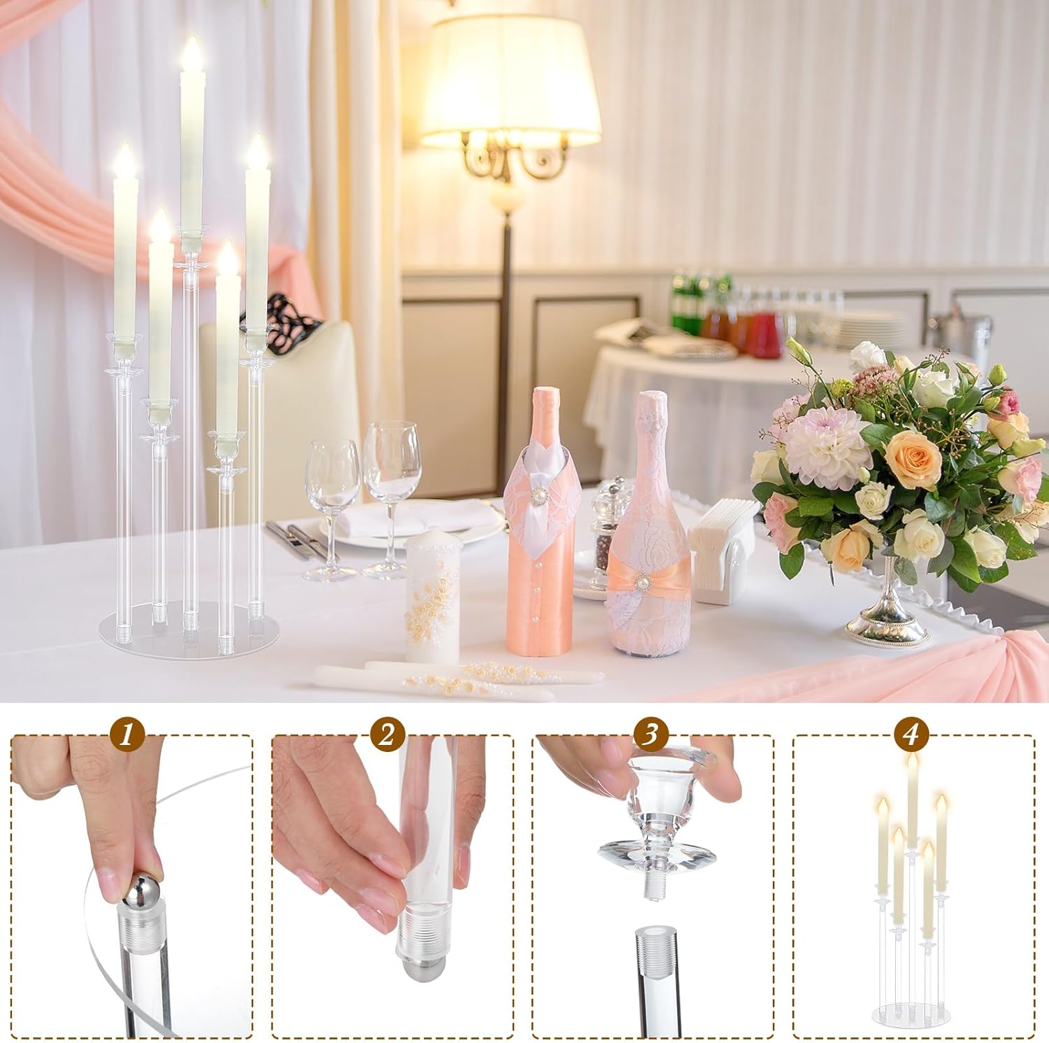 Layhit 4 Sets Acrylic Candelabra Candle Holder 5 Arm Candelabra Wedding Table Centerpiece 18.1" Tall Acrylic Clear Candle Holder with Base Candlesticks for Easter Party Decor, Fit 0.87'' Led