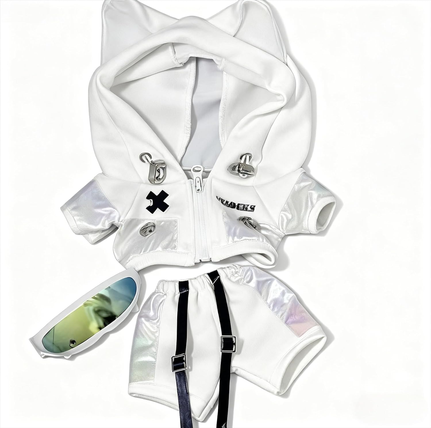 3PCS Doll Clothes Set for 20cm 25cm 30cm Plush Dolls, Cat Ear Shiny Jacket Pants Reflective Sunglasses Outfit, Cool Stuffed Doll Clothes for Dress Up and Photography (20cm)