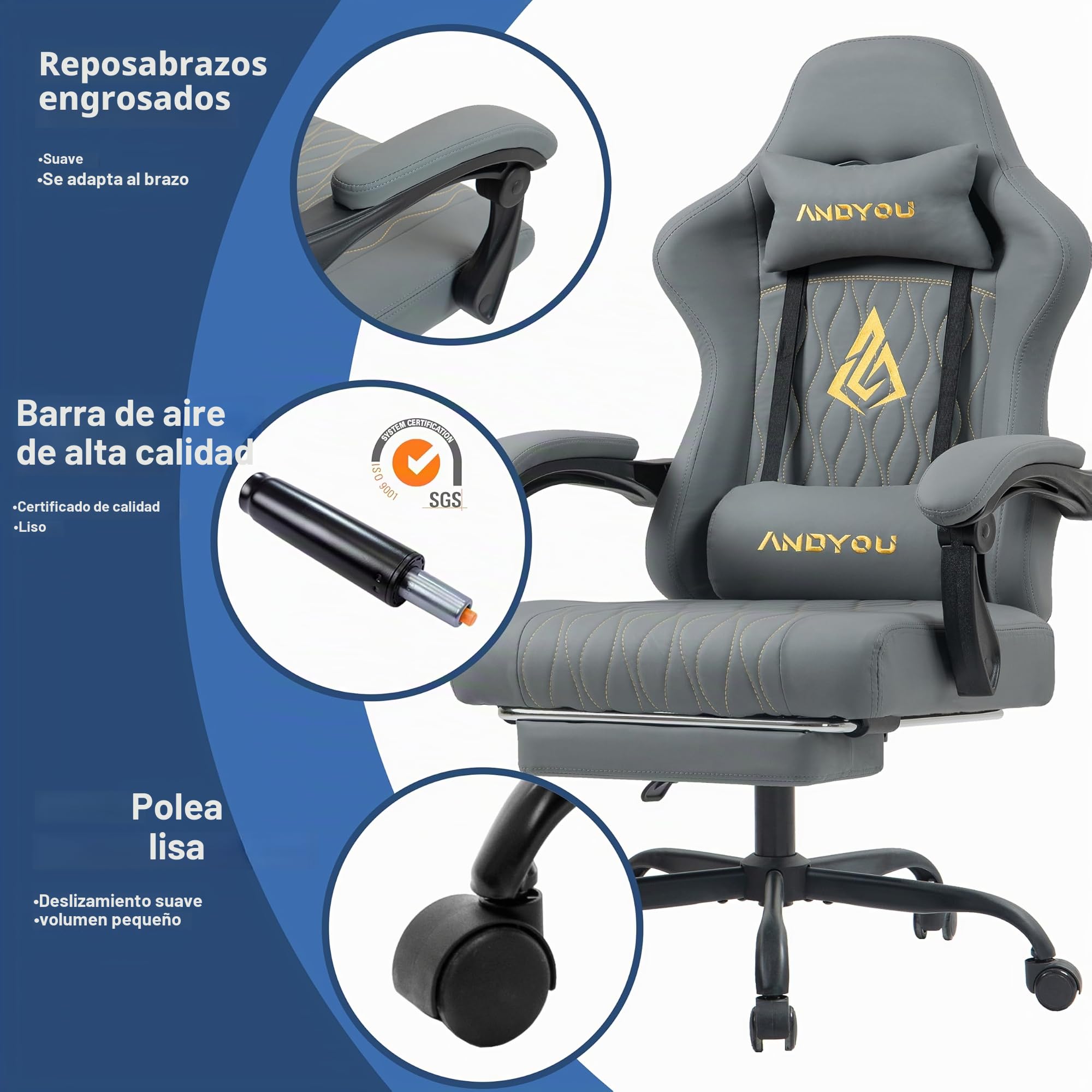 Andyou Silla Gaming Ergonómica Profesional con Soporte Lumbar - Silla Gamer para Adulto, Giratoria y Reclinable con Reposapiés Ajustable y Tela Transpirable, Soporte 150 kg para Oficina y PC
