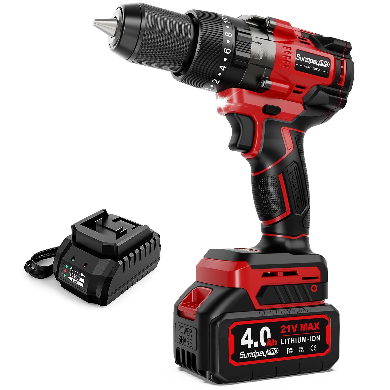 SundpeyPRO 21V Cordless Hammer Drill - 1151In-lbs High Torque Brushless Drill Set w/ 1/2" Metal Chuck & 20+3 Clutch & 4.0Ah Battery & Case - Power Drills for Home Wood Metal Brick Lightweight-Concrete