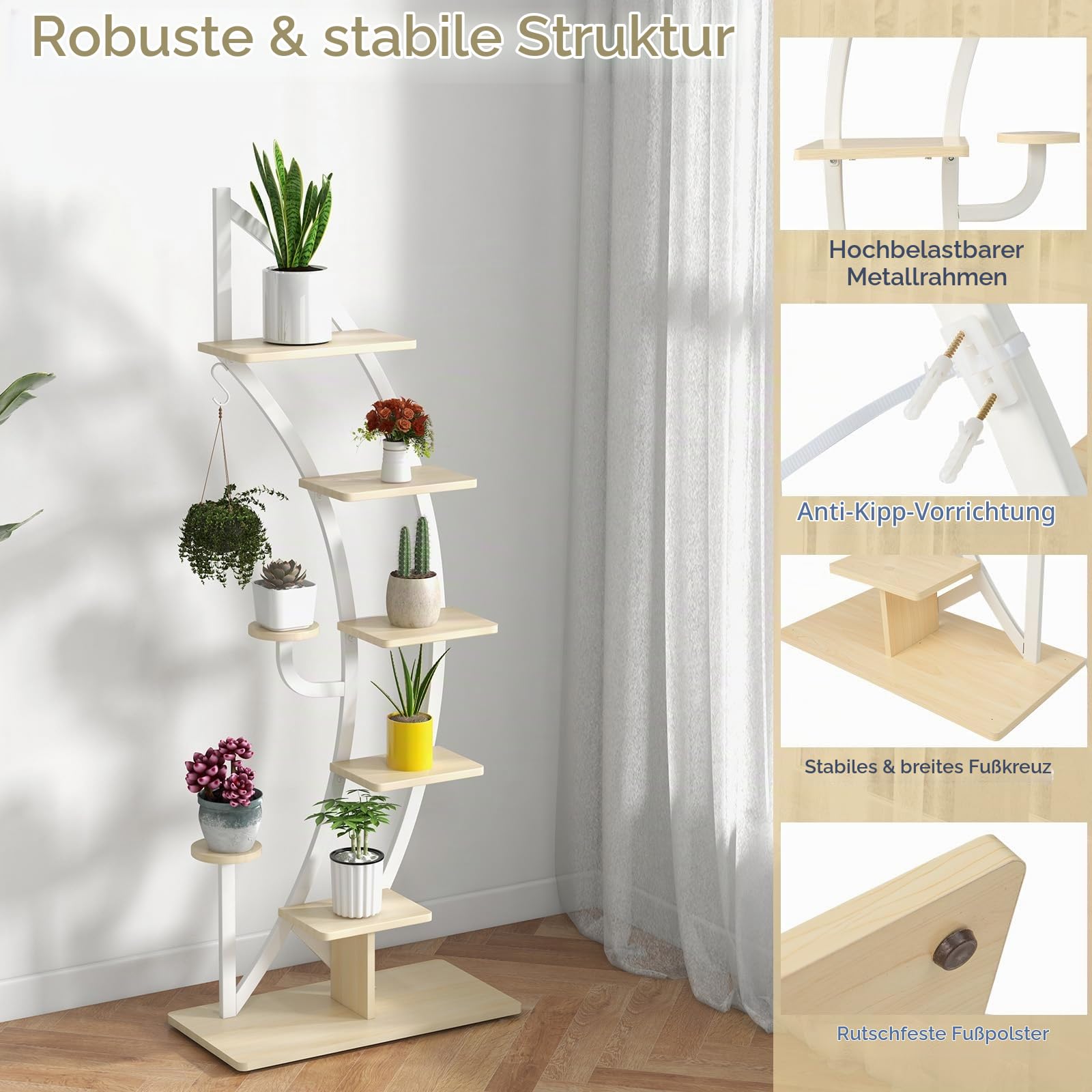 KOMFOTTEU 5-Stöckiger Pflanzenständer, Metall-Blumenständer, Pflanzentreppe mit Kippschutz, Blumentreppe mit 7 Ebenen & 1 Haken, Display-Regal für Garten Balkon Wohnzimmer, Weiß (2 Stück)