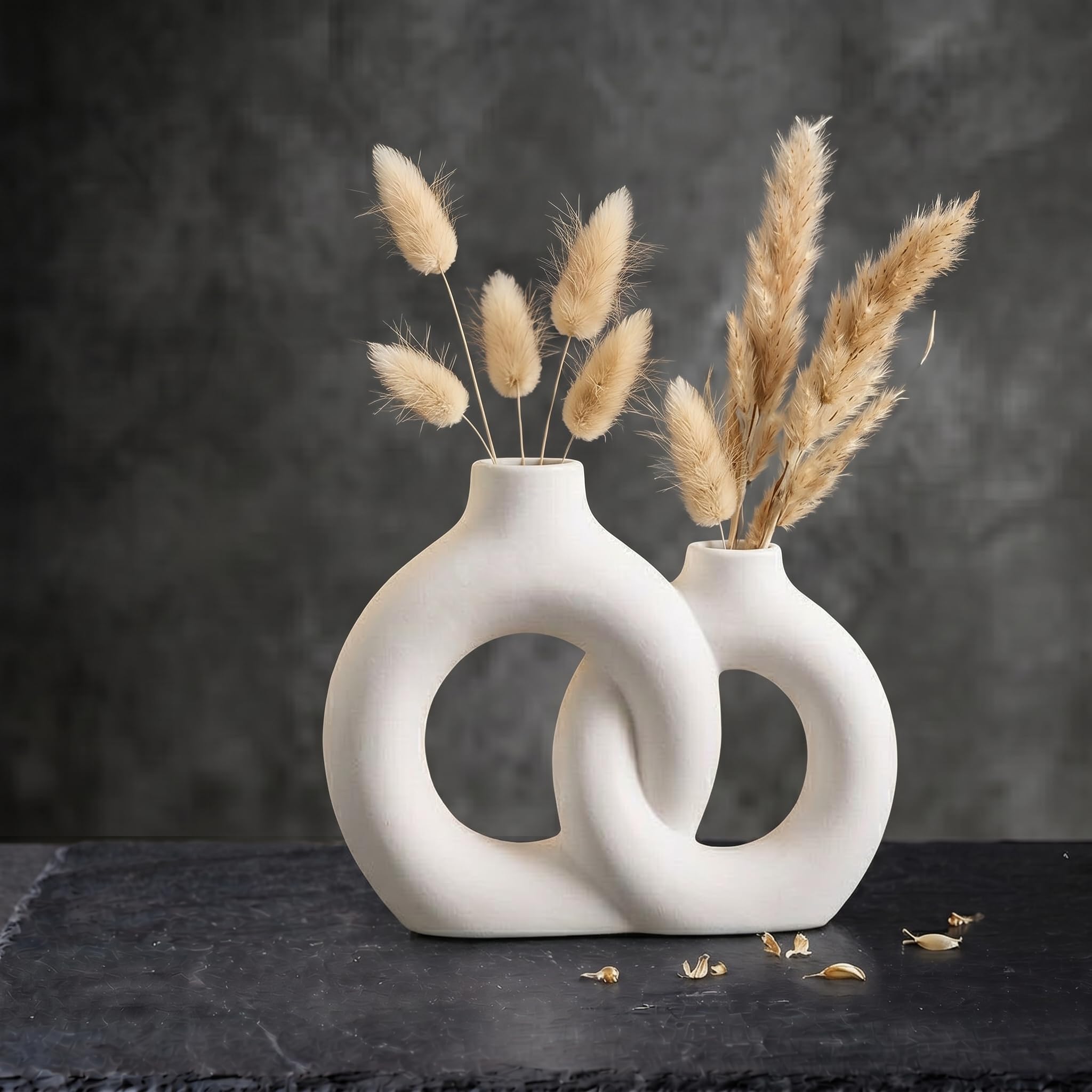 PUREZENTO White Ceramic 'Modern Donut Loop' Vase - 7 Inch | Decorative Donut Vase for Dried Flowers & Pampas Grass | Flower Vases for Modern Home Decor, Bedroom, Living Room, Office Decor & Gifting-picture-10