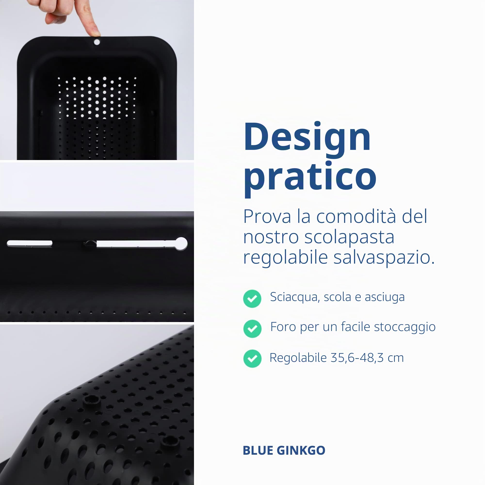 BLUE GINKGO Sopra il Lavello Colino Colino Cestello - Lavare frutta e verdura, scolare la pasta cotta - Estensibile - Elementi essenziali per la cucina (7,9 L x 14,5-19,5 L x 2,75 A) - Nero