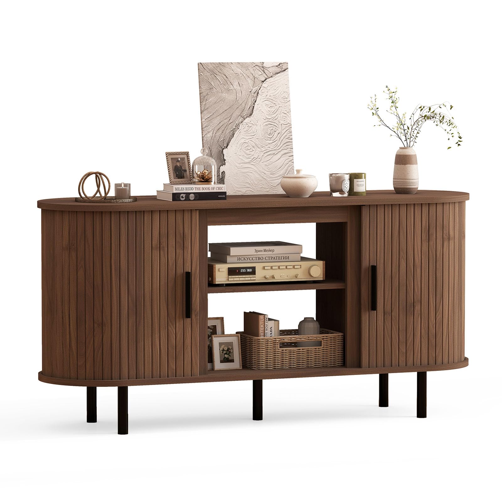 Quiniver 55" Curved Fluted TV Stand Sliding Door Media Unit for Up To 65"