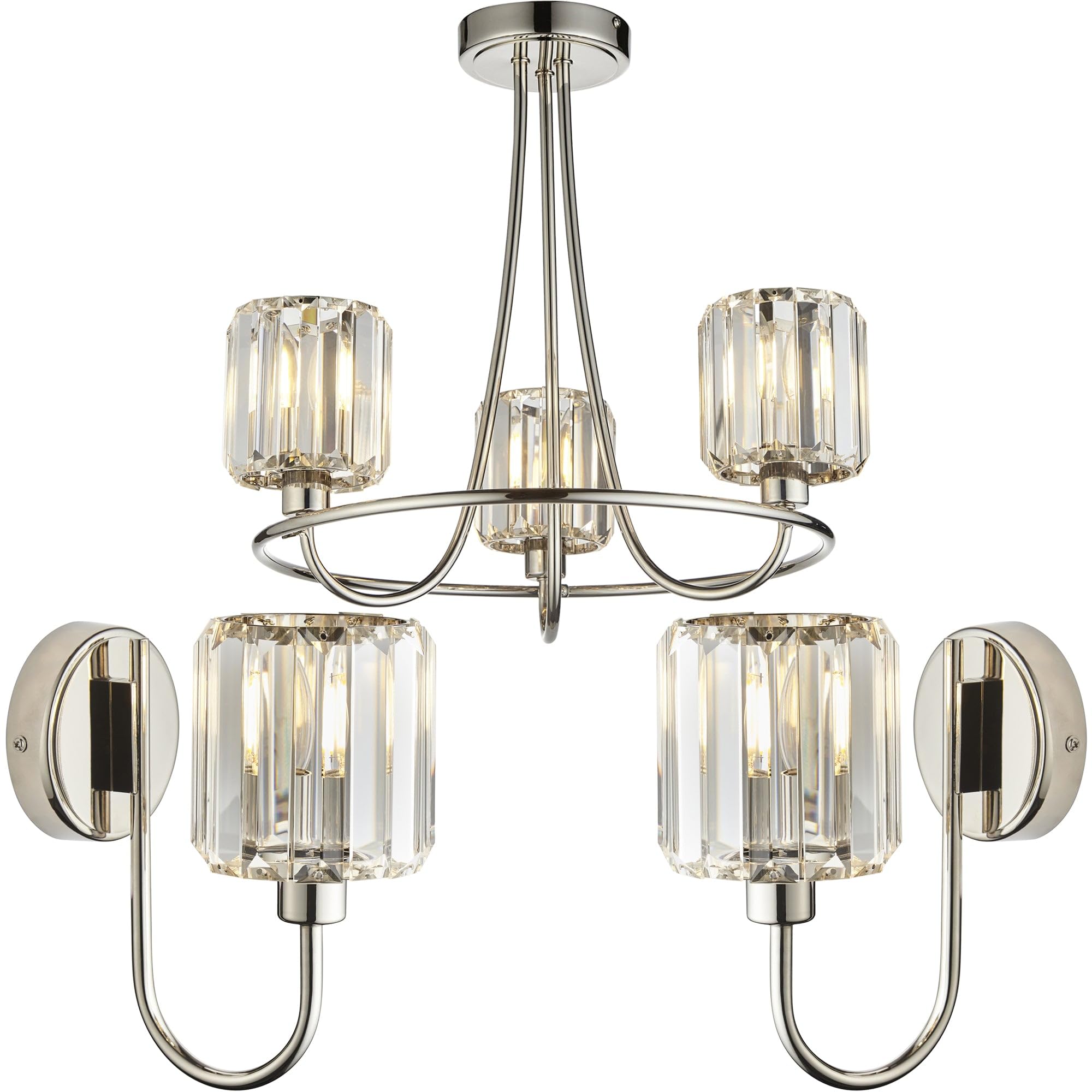 Loops 3 Light Semi Flush Ceiling Lamp & 2X Matching Wall Lights - Bright Nickel Frosted Glass Chandelier