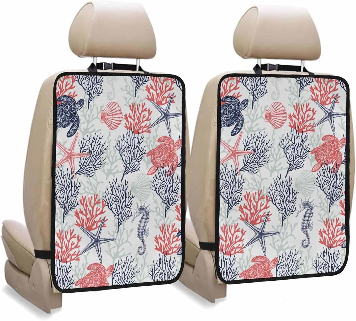 T&H XHome Car Seat Protector, 2 Pack Kick Mats with Organizer - 3 Pocket Storage, Summer Ocean Sea Turtle Red Coral Sea Back Seat Cover for Kids Universal Fit Automotive Interior Protectors