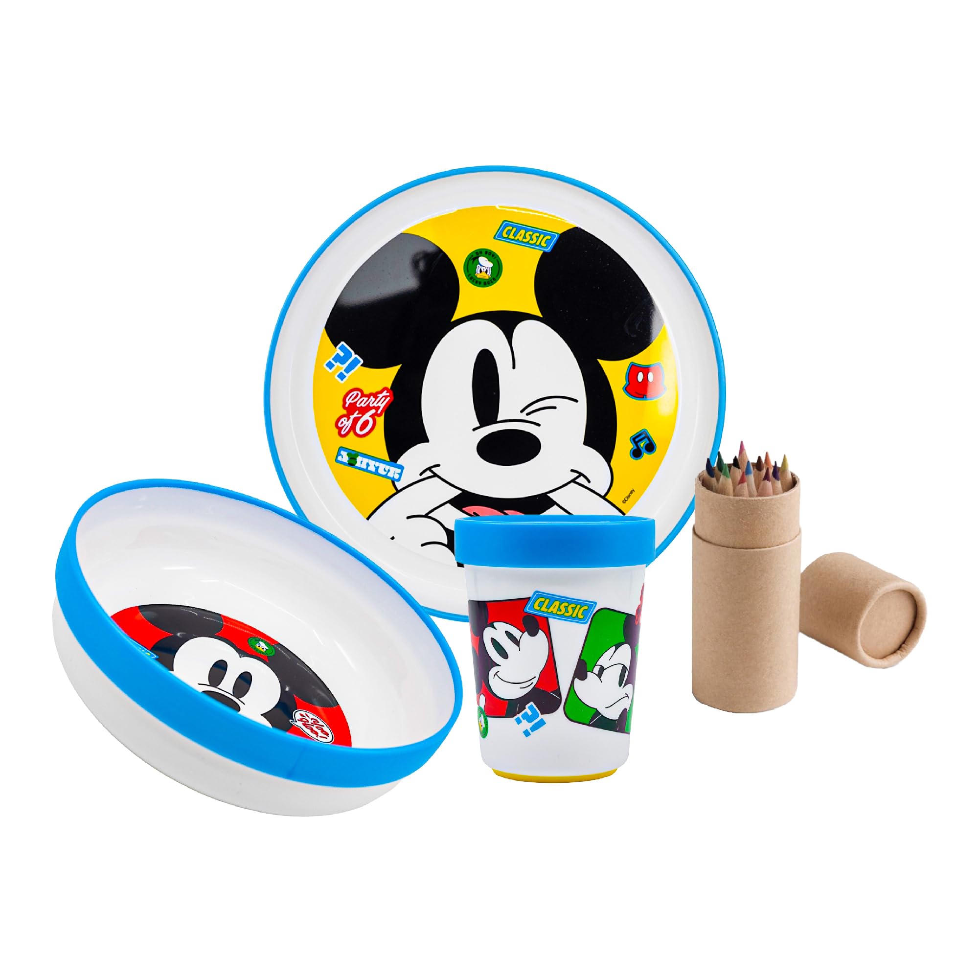 Mickey Microwave Safe 3pcs Cartoon Character Non Slip Bicolor Premium Dinner Tableware Set for Children Plate, Bowl, & Cup Set BPA Free Reusable Plastic (Mickey)