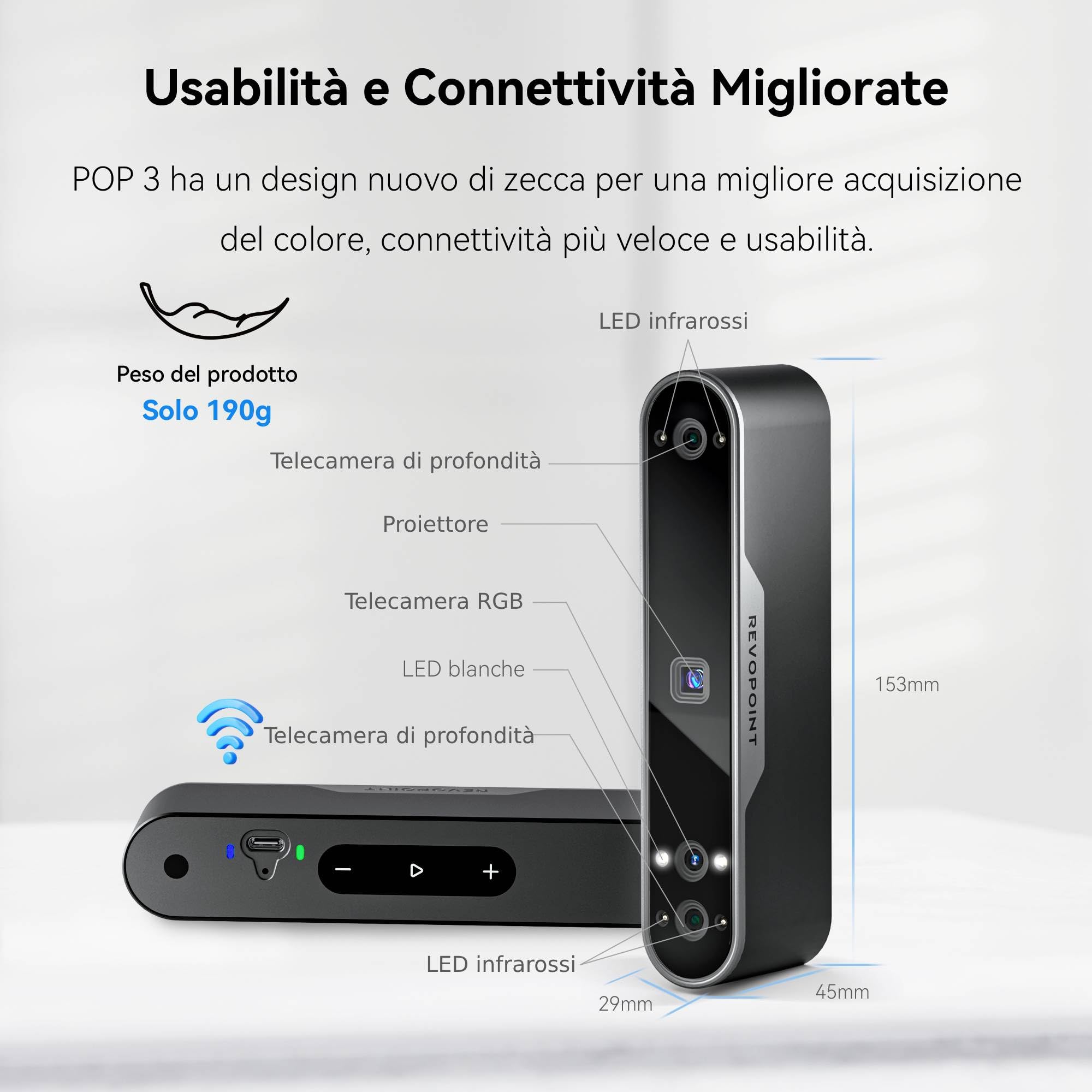Scanner 3D portatile Revopoint POP 3 per stampante 3d, precisione di 0,05 mm e velocità di scansione fino a 18 FPS, supporto per smartphone e laptop - Avanzato