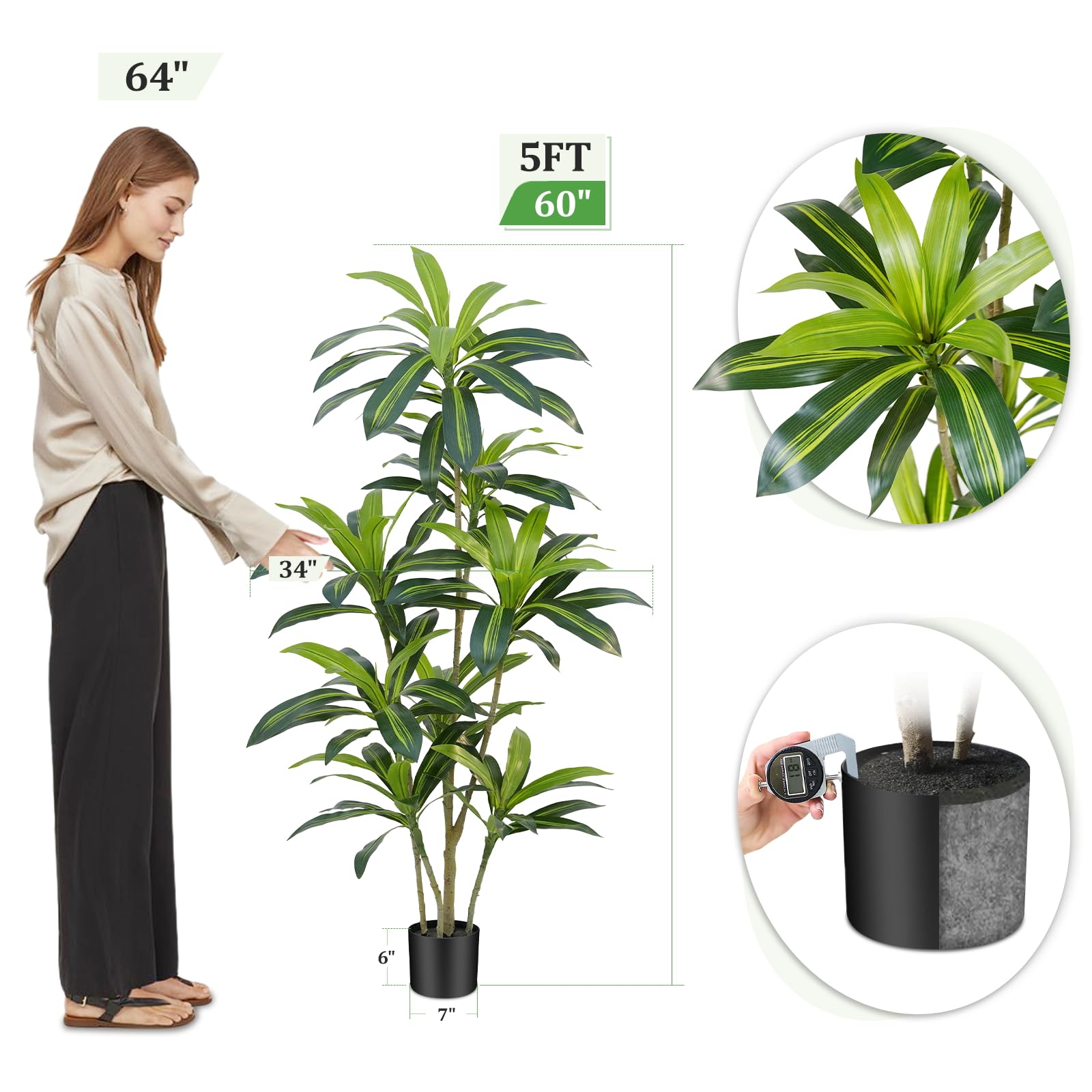 VeriNatural Dracena Artificiale Alta 180 cm - Pianta Finta da Interno e Esterno con Foglie Verdi Realistiche - Piante Finte Grandi in Vaso Nero con Conica e Antiraggi UV per Casa e