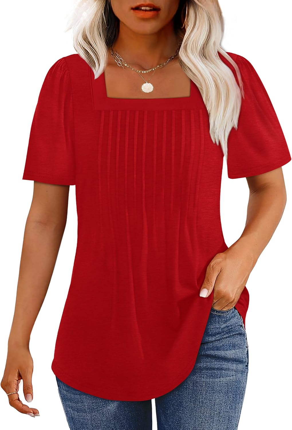 OFEEFAN T Shirts for Women Pleated Square Neck Dressy Casual Blouses Puff Short Sleeve Summer Tops Loose Fit