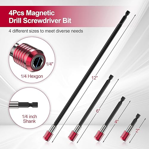 Miniatura 4 de Juego de 4 extensiones de brocas, soporte magnético para brocas de vástago hexagonal de 1/4 pulgadas en longitudes de 2, 4, 6 y 12 pulgadas, acero