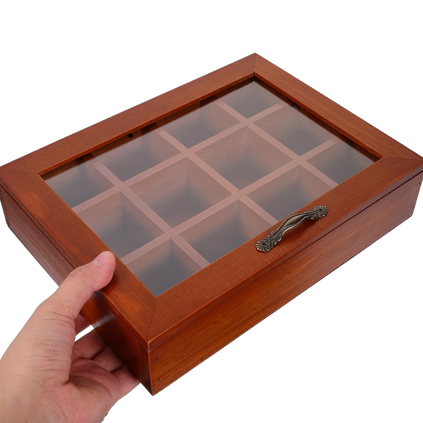 Caja de Almacenamiento de Madera Marrón con 12 Compartimentos para Bolsitas de Té, Diseño Elegante y Portátil para Área de Comedor y Decoración del Hogar