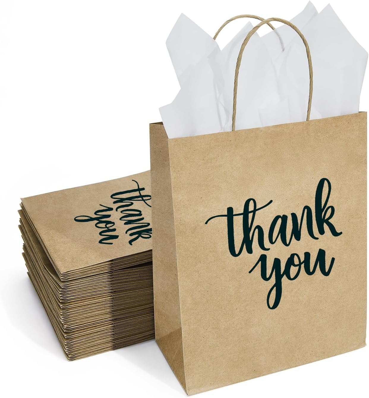 50 Pack Medium Thank You Gift Bags with Handles 10x8x4 Inch, Brown Kraft Paper Bags with White Tissue Paper for Small Business, Boutique, Shopping, Wedding, Baby Shower, Birthday Party Favors Goodies
