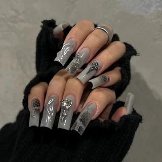 BABALAL Press on Nail Long Square Fake Nails Black Goth Glue on 3d Texture Sliver Chrome Y2k Acrylic Nails Metallic Cross Heart Charm Luxury 24Pcs Squoval Handmade Artificial False Nails