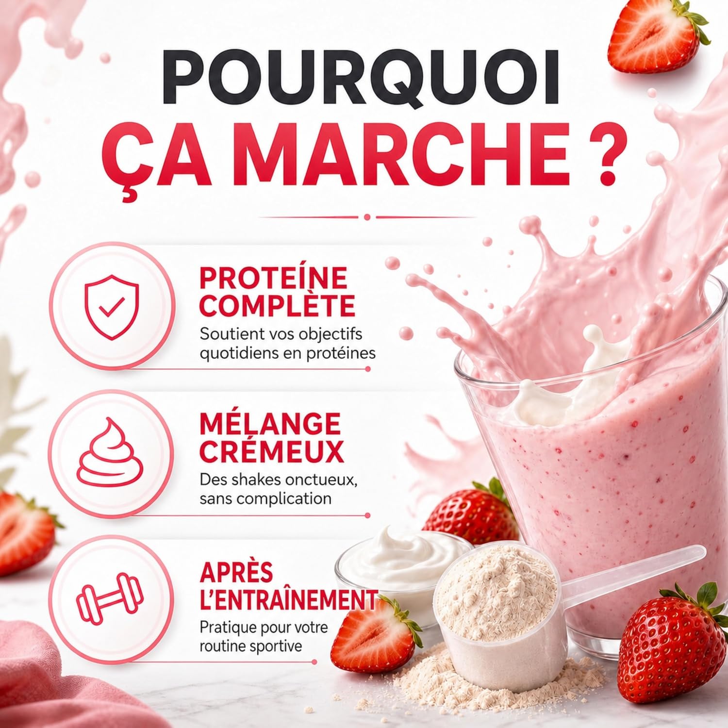 Whey protéine en poudre 1 kg, saveur yaourt fraise | 77% de protéines | Shake crémeux, faible en graisses et en sucres | Sans gluten | Pour l’entraînement quotidien