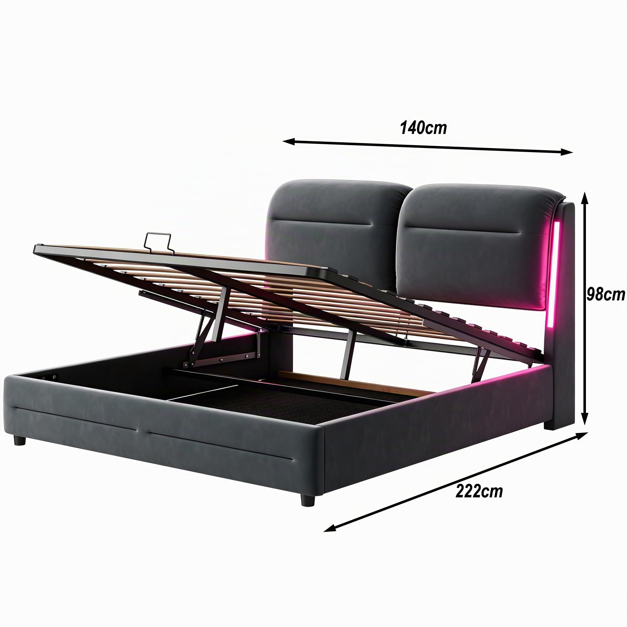 Doppelbett Polsterbett 140x200 mit Stauraum und LED, Hydraulische Bett mit Kopfteil, Bettgestell mit Metallrahmen Bettkasten und Lattenrost, Samt, Grau, Bett 140x200, ohne Matratze