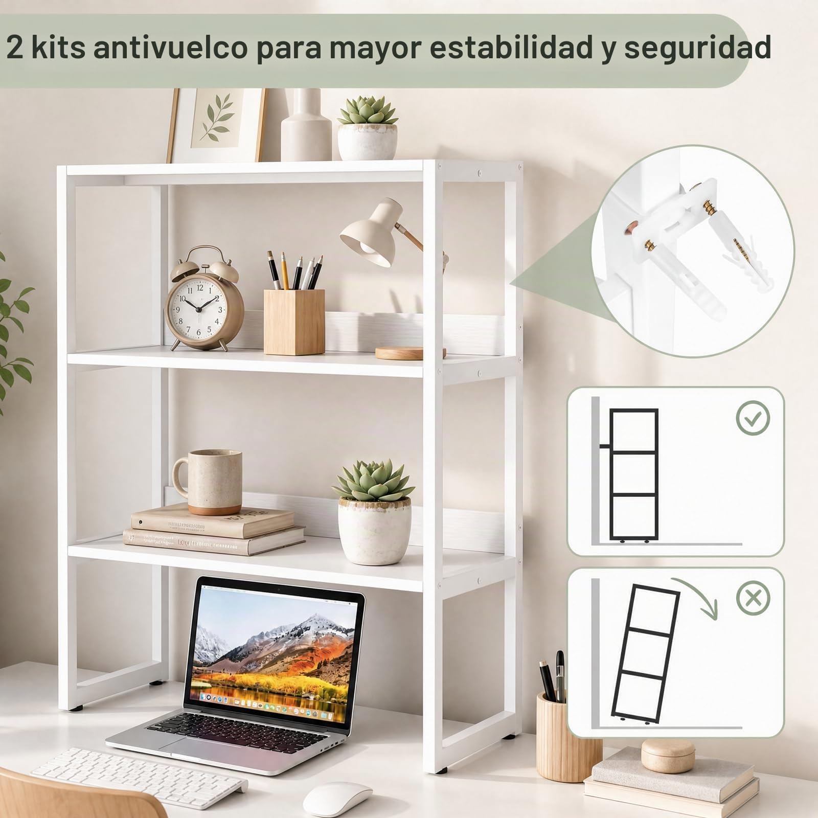 KOMFOTTEU Estantería de Escritorio de 3 Niveles con Dispositivo Antivuelco