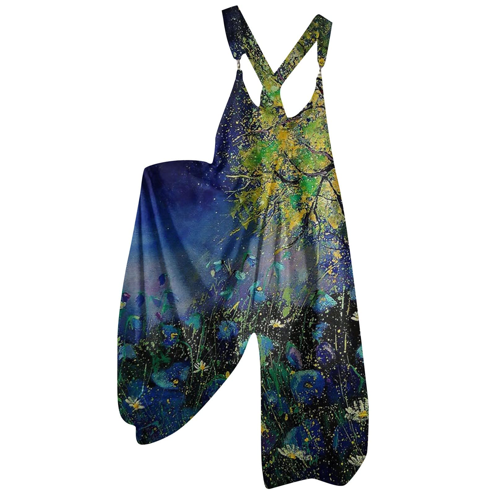 Playsuits For Women Uk Casual Print Retro Strappy Jumpsuit Open Back Sling Jumpsuit