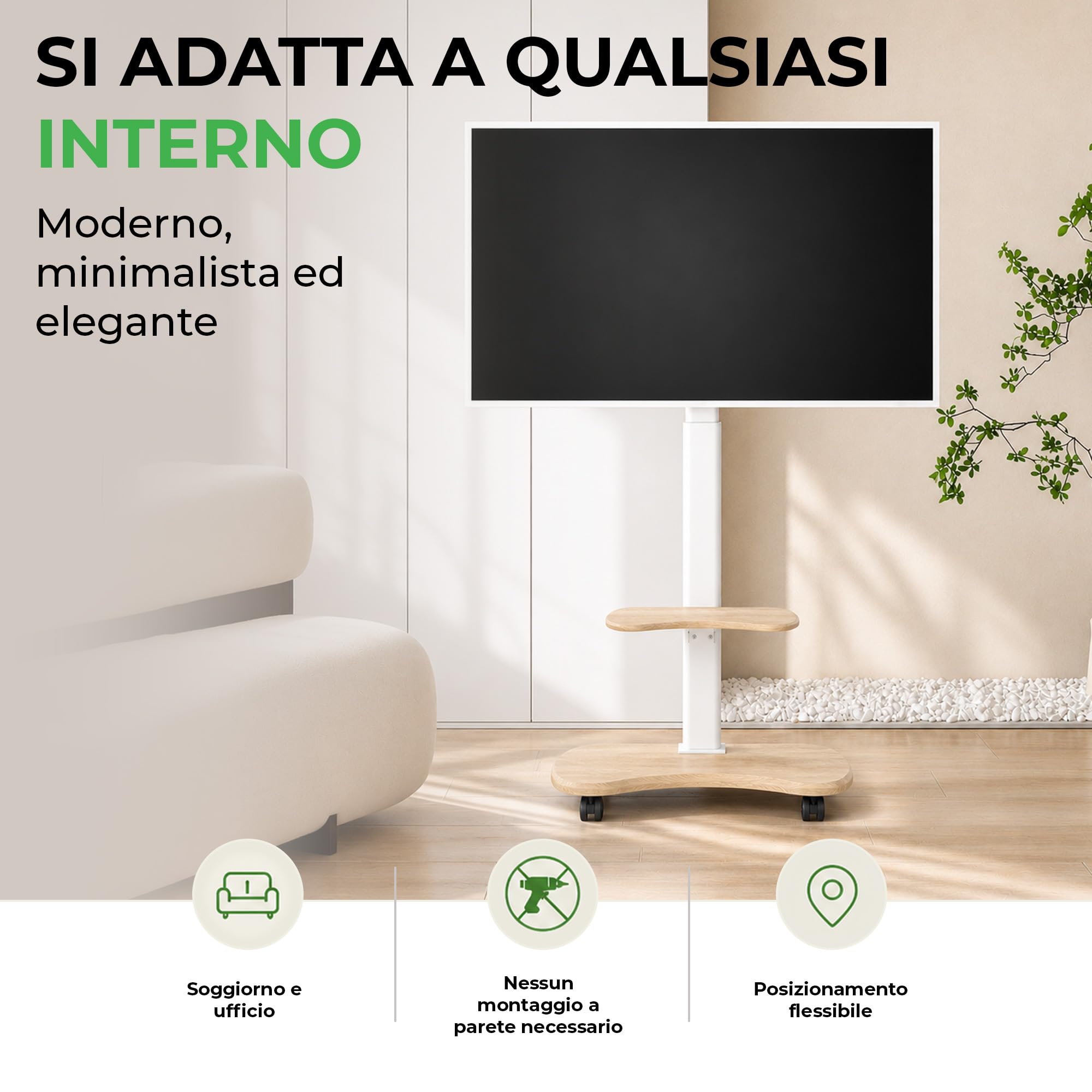 Stellar Supporto TV da pavimento con Ripiano in Legno, Carrello Tele con Ruote Regolabile in Altezza, Piedistallo Televisione 32-70 Pollici, 45 kg, Stand da Terra Universale, VESA 600x400