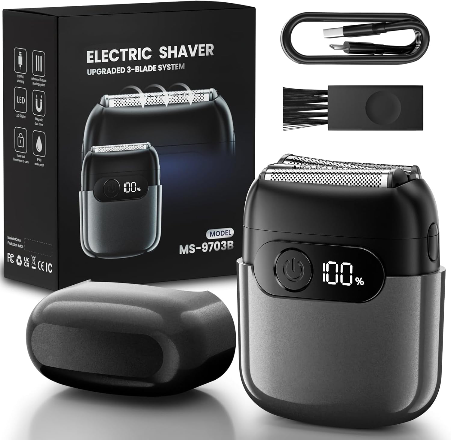 Electric Foil Shaver for Men: 3D Floating Blades, IPX8 Waterproof Wet/Dry Shaver with LED Display, USB-C Quick Charge, Travel Lock, Includes Cleaning Brush,Gray