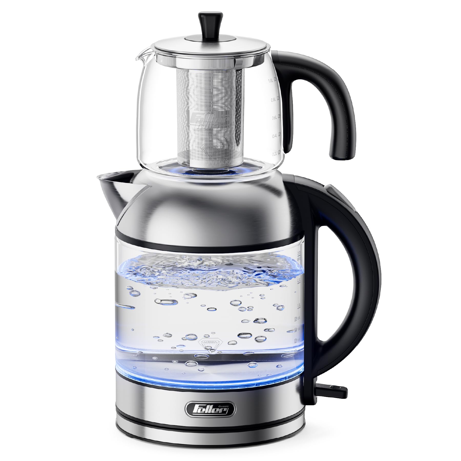 Feller Germany Teamaker 2-in-1 2200W, 2 Litre Glass Kettle +1 Litre Teapot by German Technology, STRIX, Keep Warm and Boil Dry and Overheat, Steel Teapot Kit