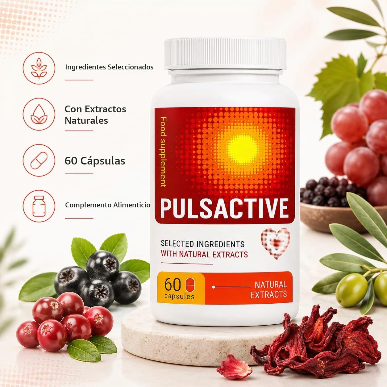 Pulsactive Cápsulas – Complemento Alimenticio para Adultos – 60 Cápsulas – con Arándano Rojo, Aronia, Magnesio,Espino, Hibisco, Olivo, Semilla de Uva, Coenzima Q10, Vitamina B6 y Ácido Fólico