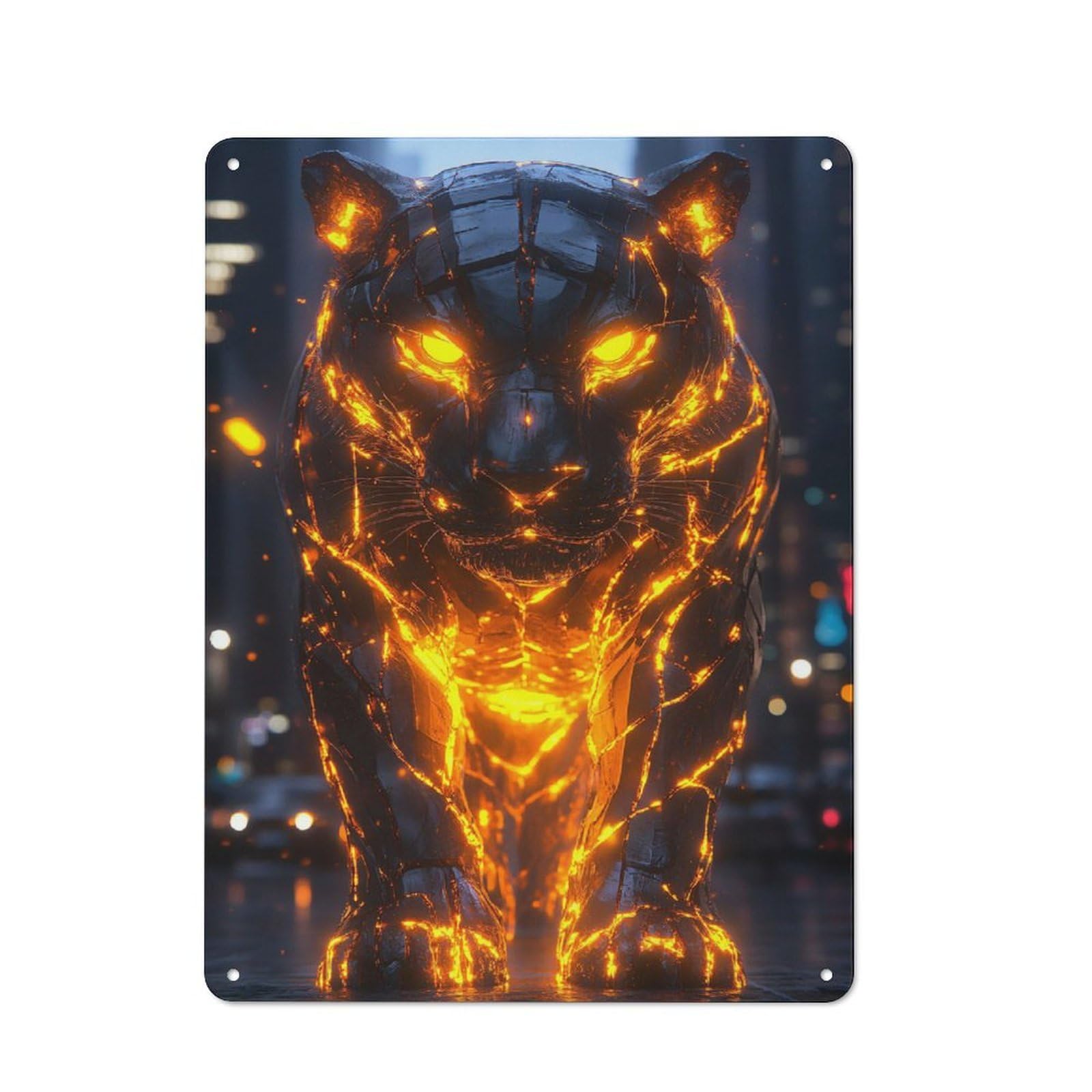 Junmoney Style-20 Tin Wall Plaque 40X30cm With Glowing Tiger In Cityscape For Café Or Restaurant, Housewarming Present For People Styling Café And Restaurant