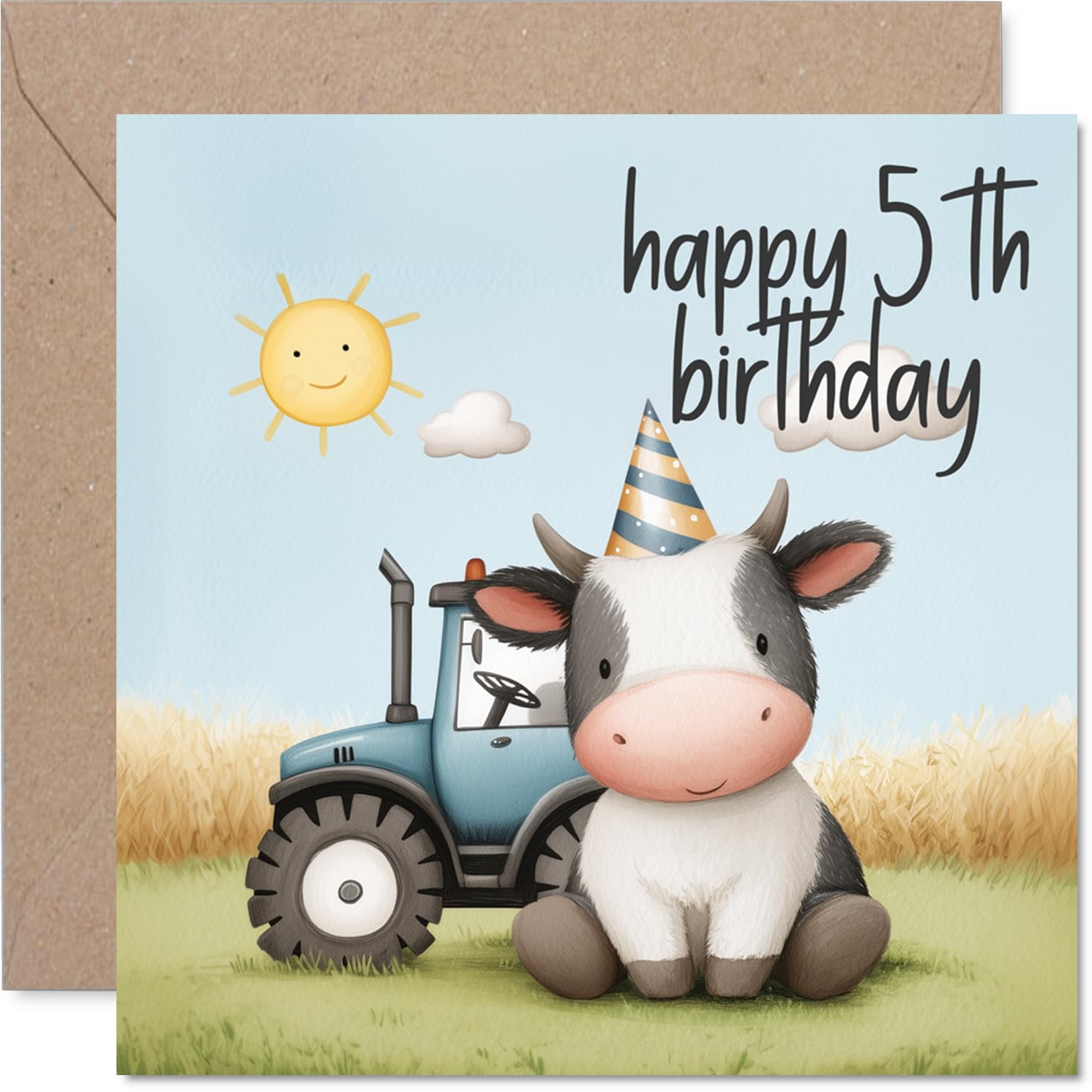 Playful 5th Birthday Card - Big Birthday Cheers with a Tractor and Party Cow - Farmyard Fun in Sunny Colours - 145mm Square, Envelope Included