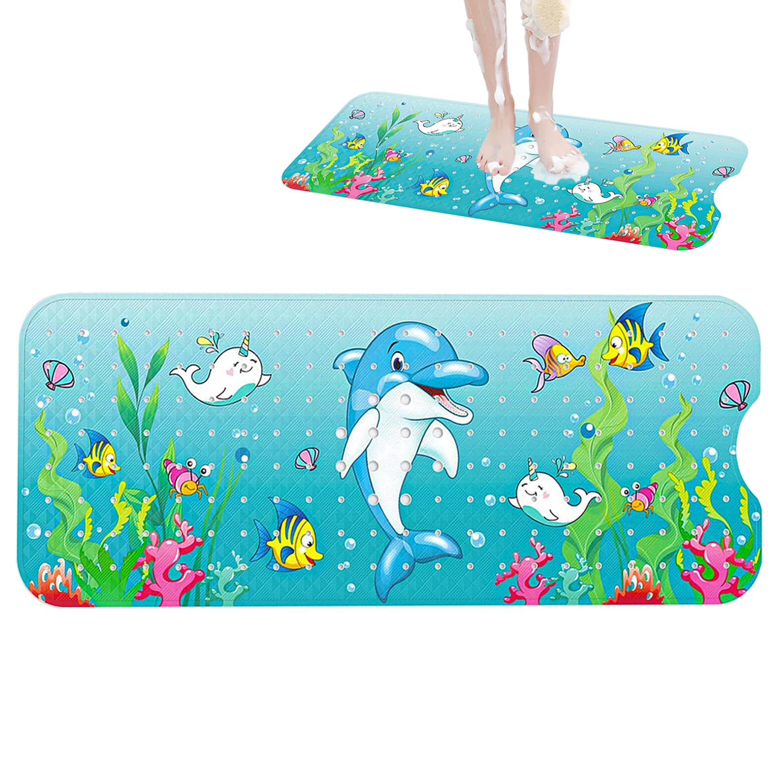 Antypoślizgowa mata prysznicowa, 40 x 100 cm, mata prysznicowa z otworami odpływowymi i przyssawkami, mata prysznicowa z nadrukiem, nadaje się do prania w pralce, do prysznica lub wanny (motyw delfina