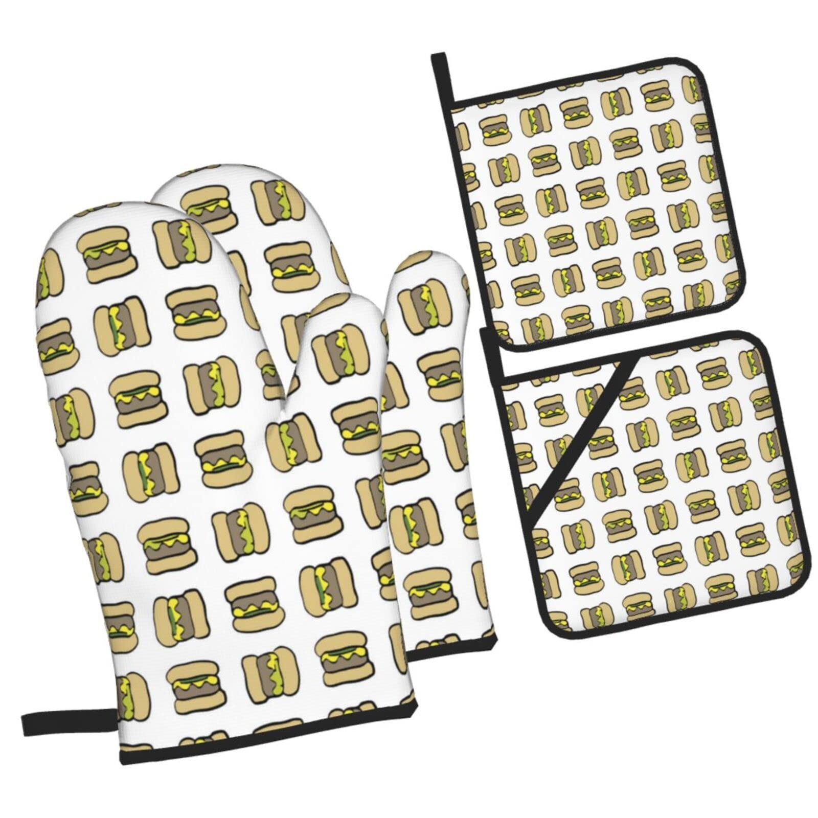 Seamless Cartoon Burgers Oven Mitts and Pot Holders Sets, Christmas Oven Mitt Kitchen Heat Resistant Non-Slip Pot Holders Set for Cooking Baking BBQ