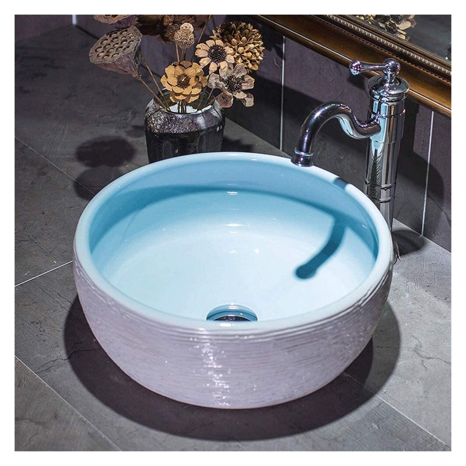 Gljtuo Blue Vessel Sinks, Bathroom Vessel Sink Luxury Hotel Art Sink Bathroom Porcelain Vessel Sink 16-Inch Round Gradient Above Counter Basin Countertop Art Sink Bowl