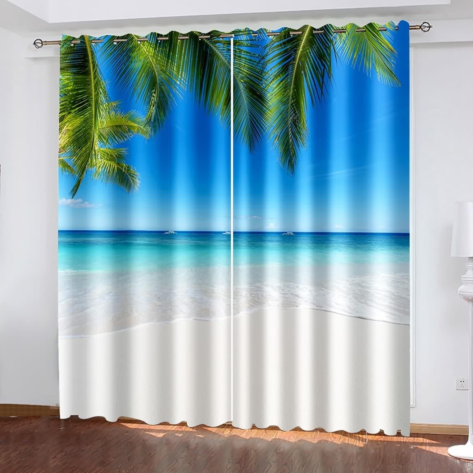 Rideau Anniversaire, Rideau Stof Polyester Bleu Vert Beige Paysage de Feuilles de Palmier sur La Plage 107L x 138H CM Lot de 2