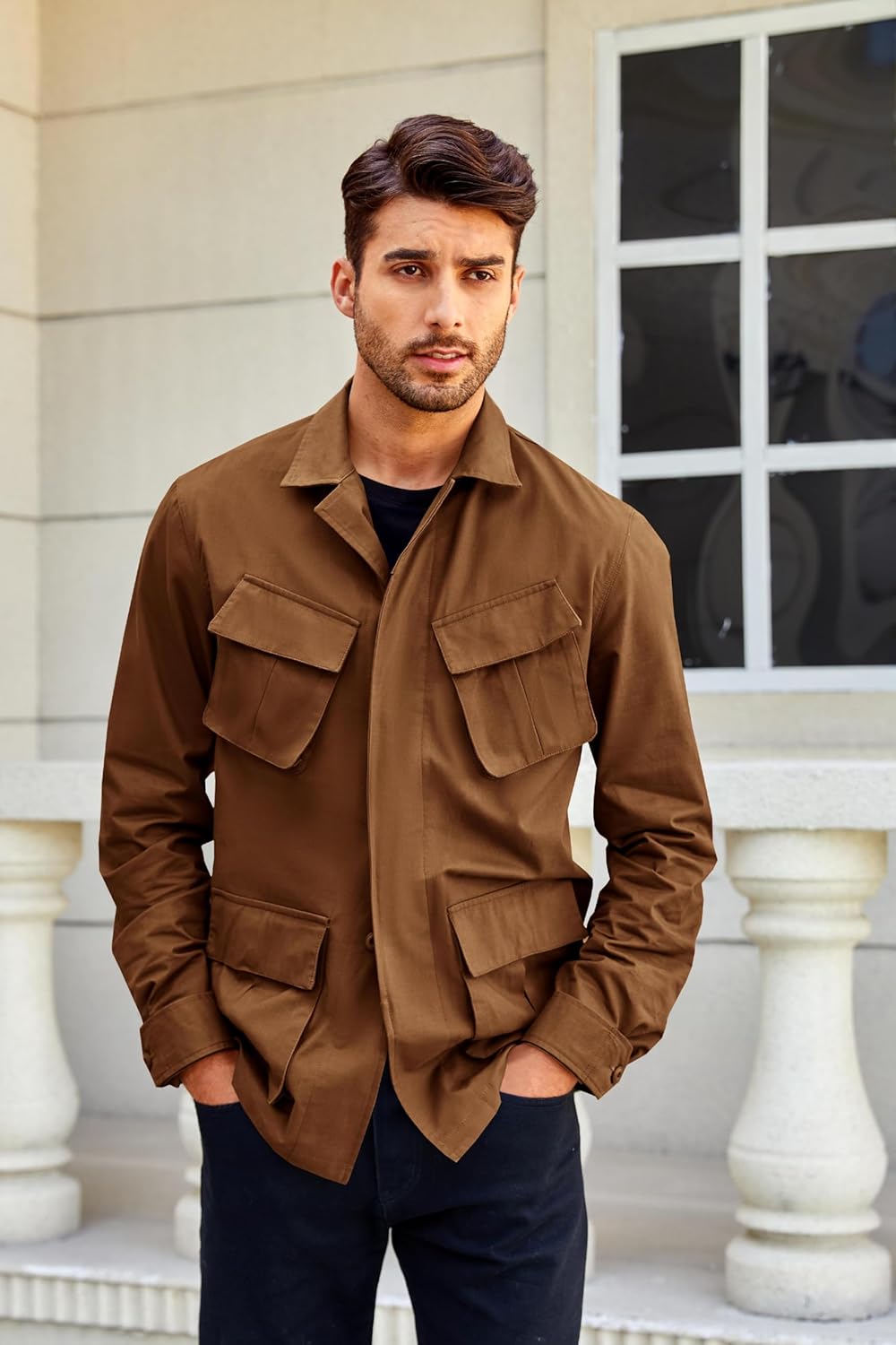 Runcati Mens Lightweight Safari Jacket Button Up Cotton Outdoor Military Cargo Long Sleeve Outwear - Image 2