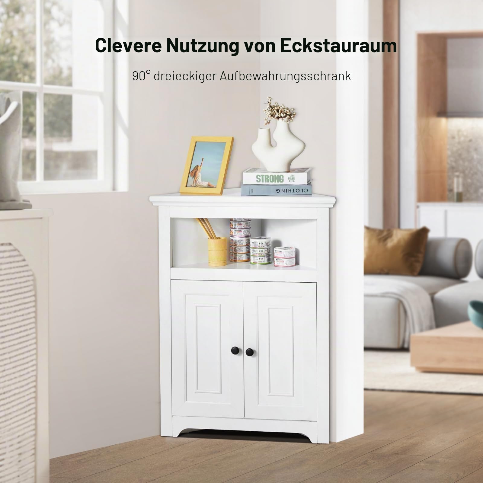 VEVOR Eckschrank Aufbewahrungsschrank mit 3-stufiger Regalen Mehrzweckschrank (845 mm Hohe) mit 2 Holztüren und verstellbaren Regalen, freistehender Küchenschrank für Wohnzimmer Waschküche, weiß