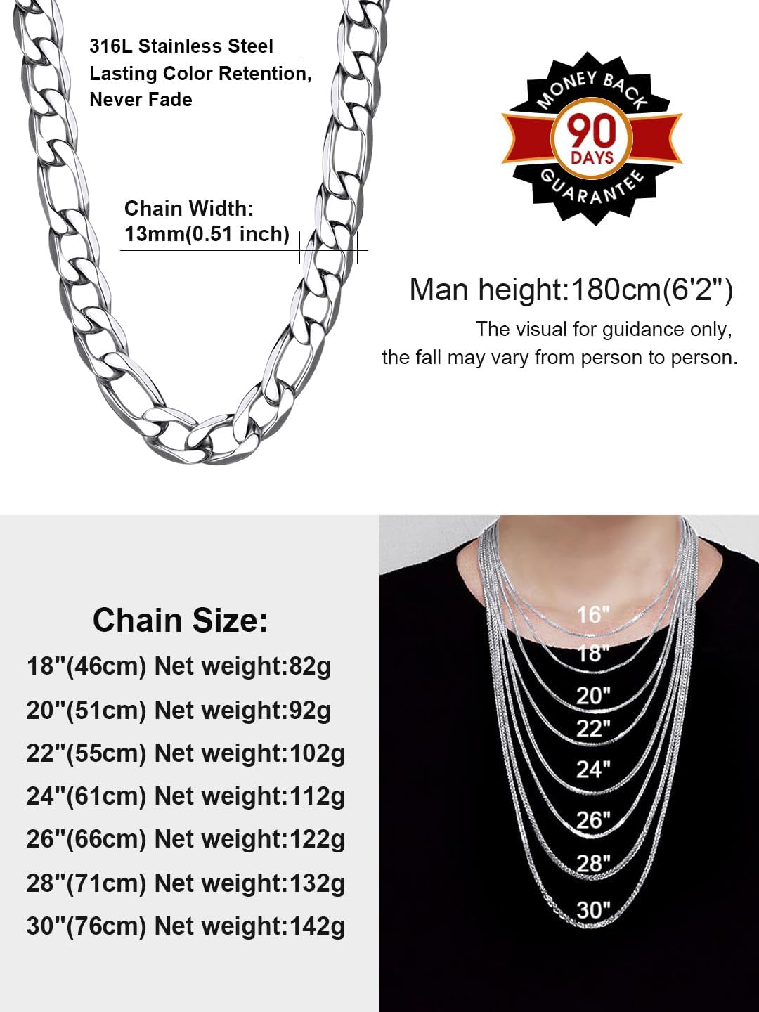 ChainsHouse Stainless Steel Figaro Chains for Men, 4mm/6mm/9mm/13mm Width, 14-30inch Length, Black/14K Gold Mens Necklace Chains, Send Gift Box - Image 8