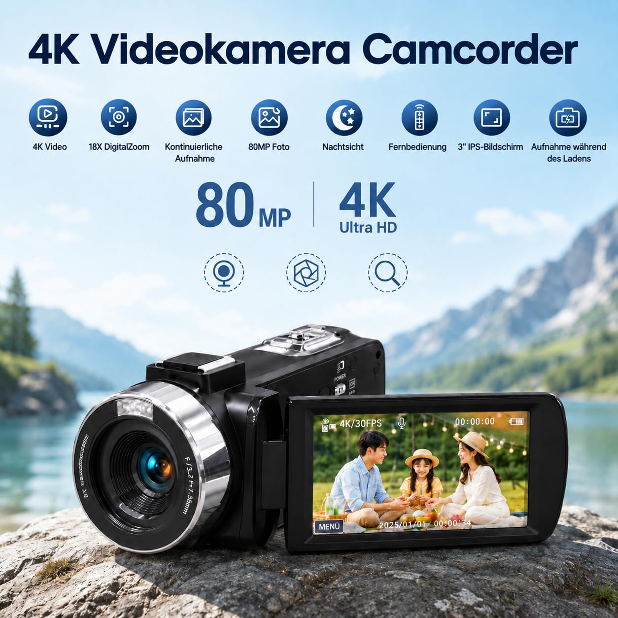 Caméscope 4K - Caméra vidéo 30 fps 80 MP 18 x zoom numérique IR vision nocturne caméra vlogging écran IPS 3,0" YouTube avec carte SD 32 Go, télécommande et 2 piles