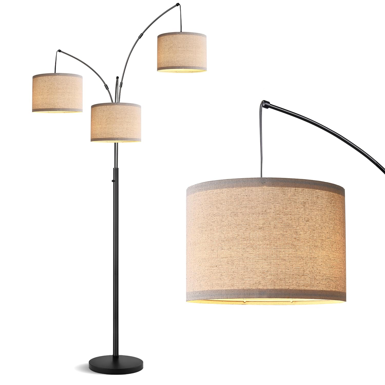 Nintiue Dimmbar Stehlampe Wohnzimmer, Stehlampe Bogenlampe mit 3 x 1000LM LED-Glühbirnen und 3 Lampenschirm, 203cm hohe Stehend Wohnzimmerlampe Vintage Baum-Stehlampe