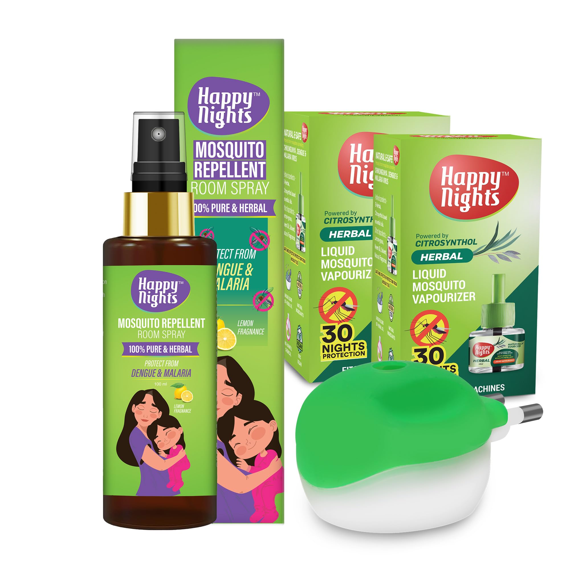 Happy Nights Herbal Mosquito Repellent Room Spray & Liquid Vaporizer Refill with Machine Combo Mosquito Protection Safe for Baby (100ml Lemon Fragrance Spray | 2 x 45ml Lemon Herbal Refill & Machine)-image-14
