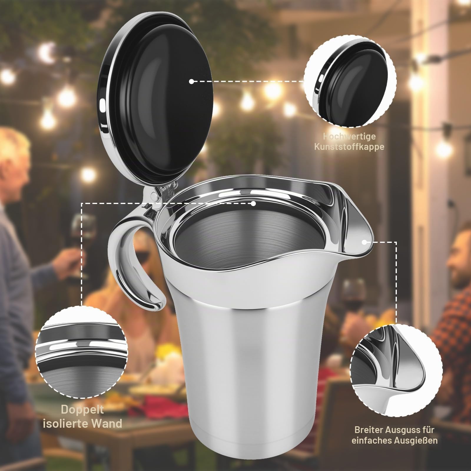 750ml Edelstahl Thermo Sauciere, Doppelt Isoliert Soßenkanne Tropffreier Ausgießer Thermosauciere für Hause Abendessen Restaurants Partys Eleganter Silber