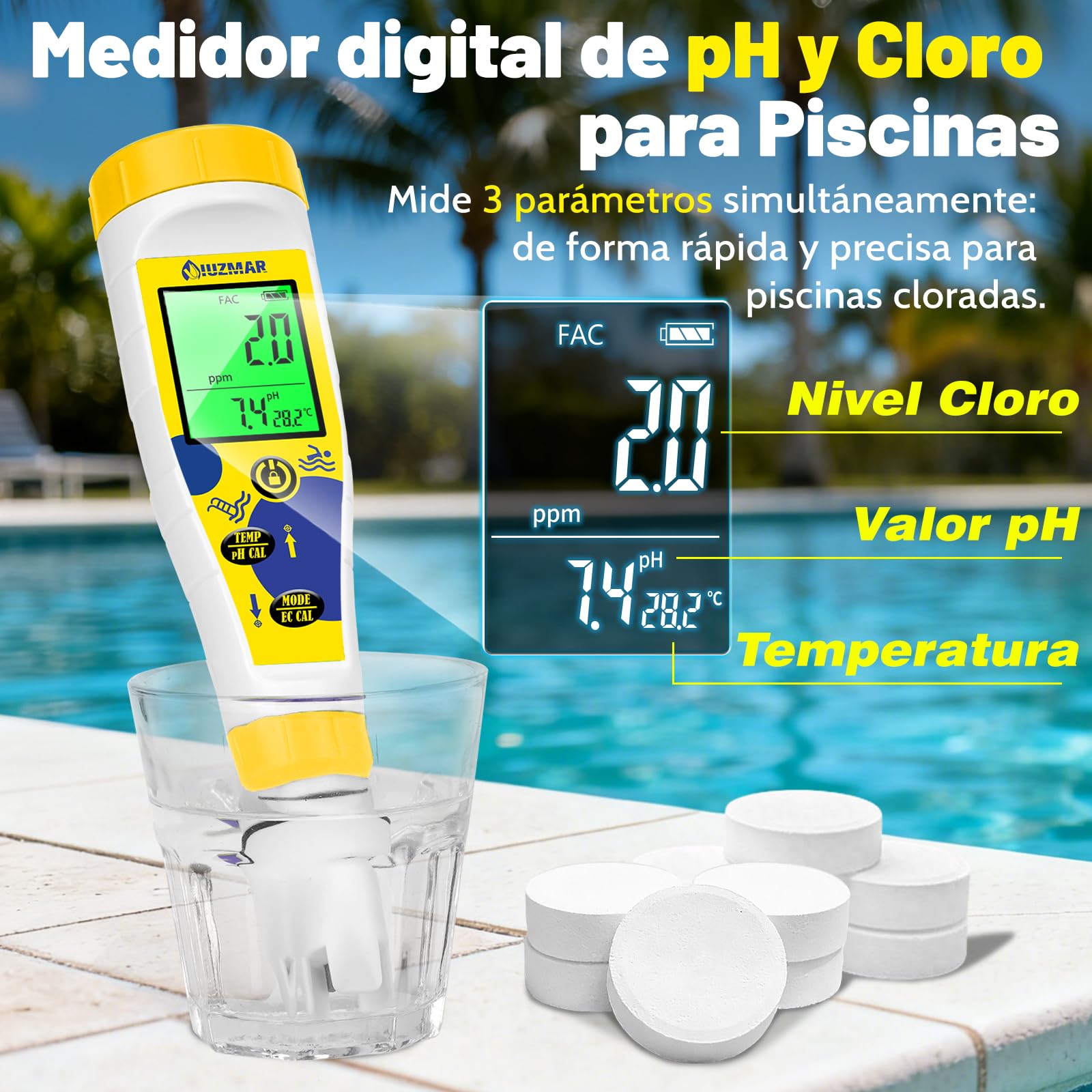 UIUZMAR Medidor Cloro y pH Sal Piscinas Digital, Salinidad Piscina Salina | Muestra Simultáneamente pH/CL/Temp, 7 en 1, Medición de pH, EC, TDS, Sal, Cloro Residual, ORP y Temp Acuarios Spa