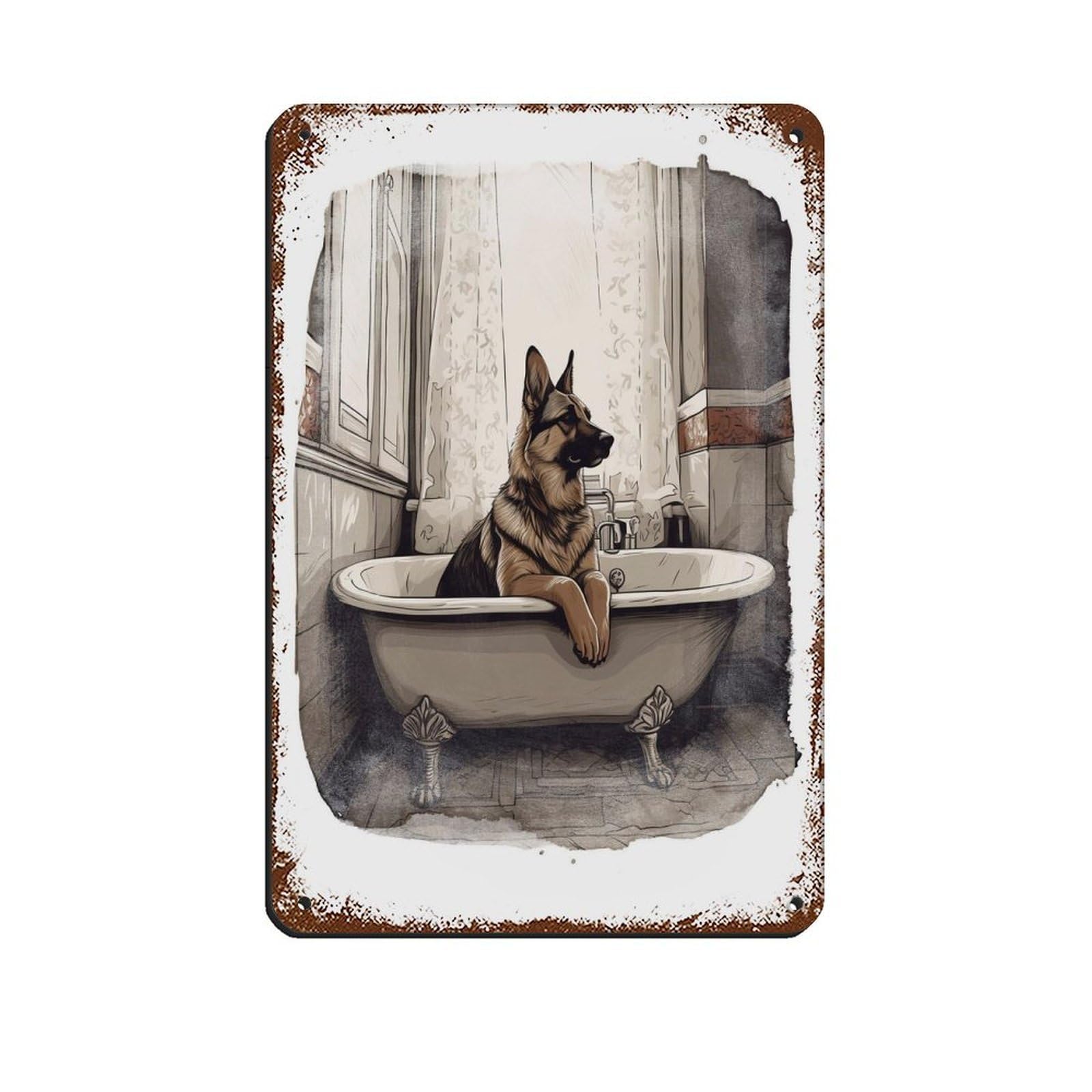 German Shepherd in Bath, Bathroom Art Retro Poster Metal Tin Sign Chic Art Retro Iron Painting Bar People Cave Cafe Family Garage Poster Wall Decoration 8x12inch(20x30cm)