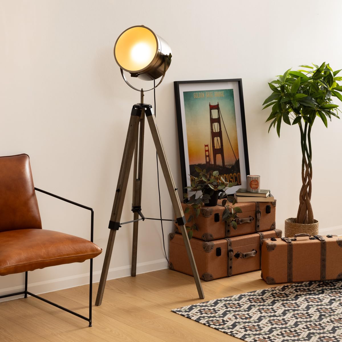 Atmosphera - Lámpara de pie trípode 'Ebor' de bronce - madera y acero A. 152 cm