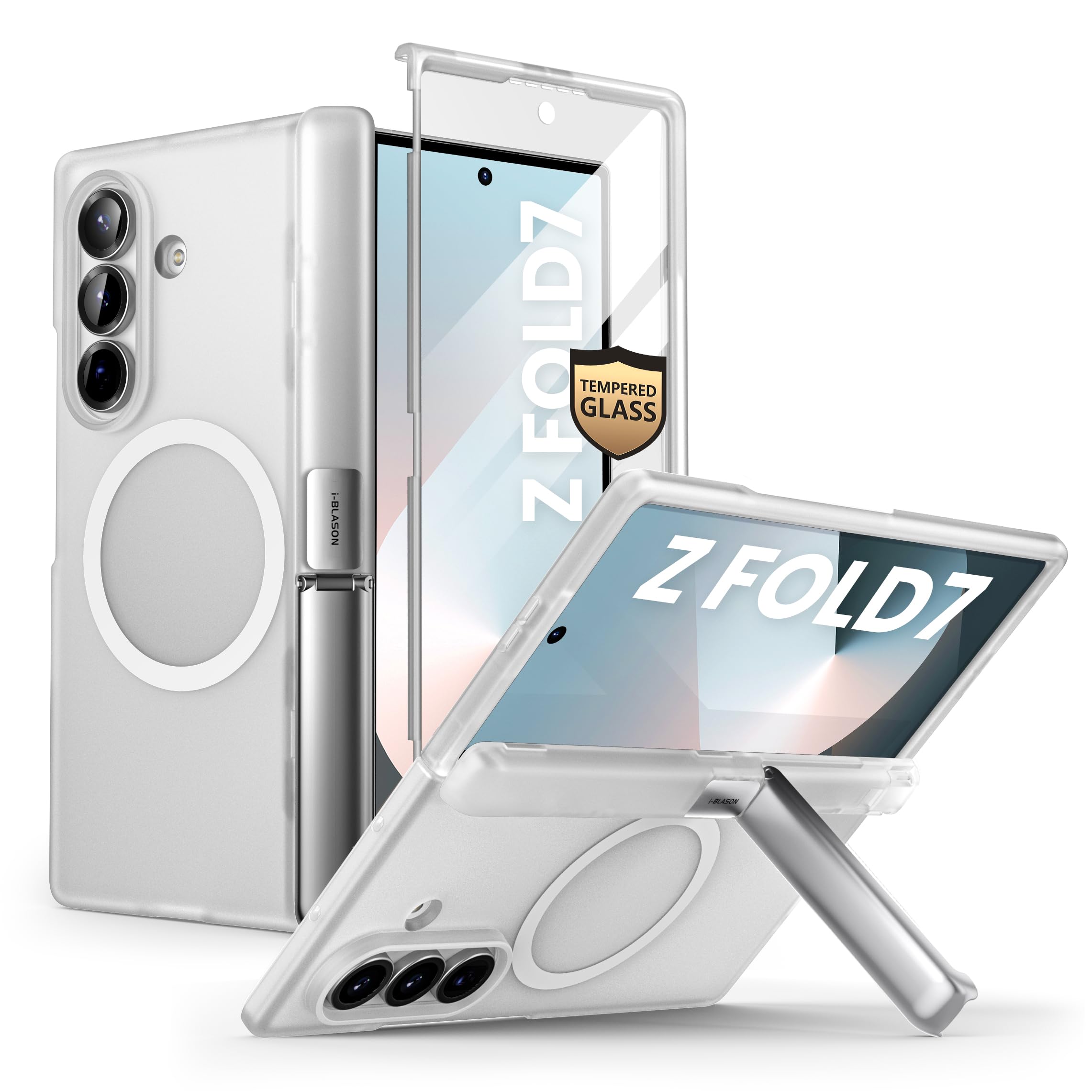 i-Blason Cover Trasparente per Samsung Galaxy Z Fold 7 con Supporto [Compatibile con MagSafe] [Pellicola in Vetro Temperato] [Protezione per Cerniera] Custodia Magnetica per Z Fold 7 (Clear)