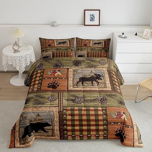 Juego de edredón rústico tamaño Queen, diseño de oso y vida silvestre del bosque, alce y ciervo, para niños, adolescentes y adultos, ropa de cama