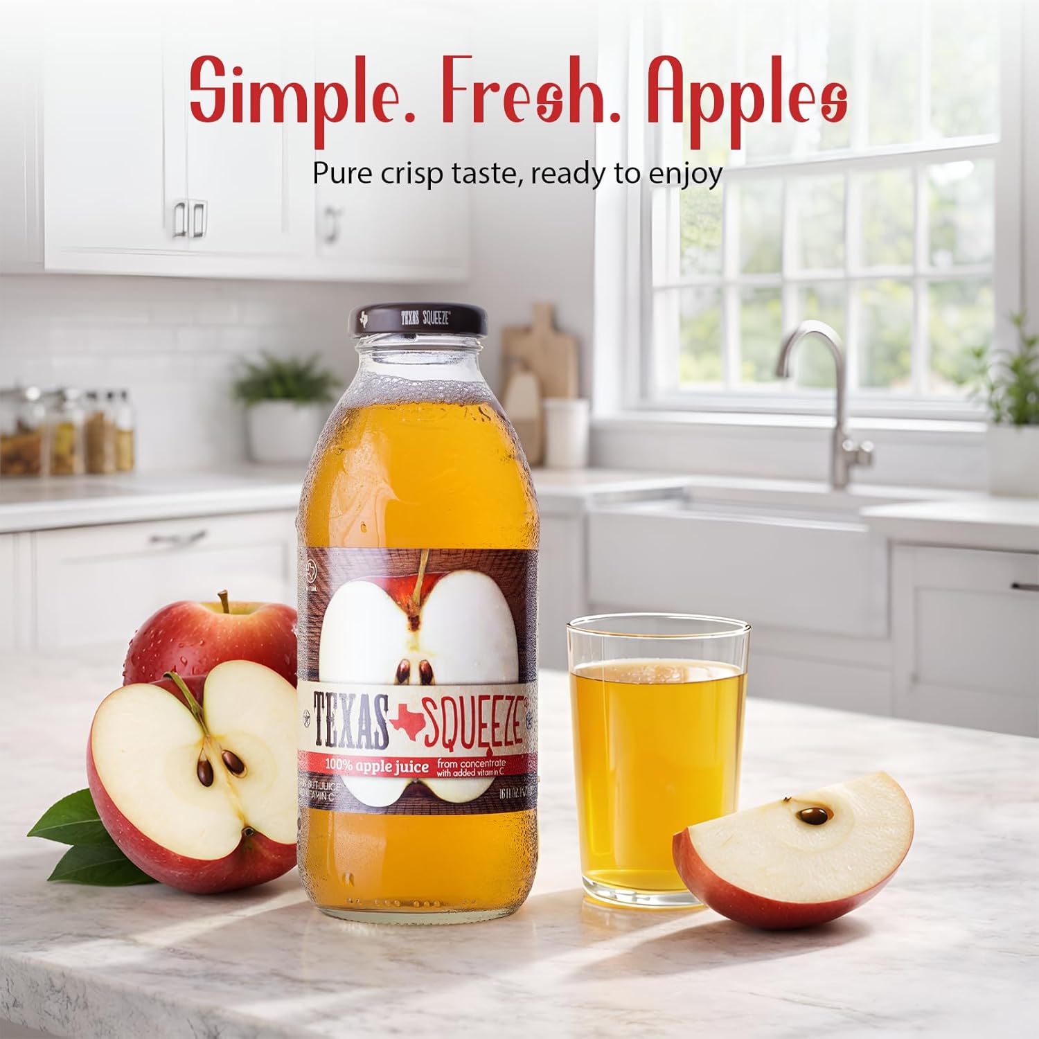 Texas Squeeze Apple Juice, NON GMO Verified, Bottled in Texas, Apple Juice from Concentrate, No Sugar Added, No Preservatives, 16 fl oz, Pack of 12